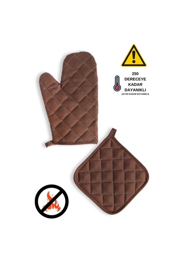Yanmaz Fırın Eldiveni Ve Fırın Tutacağı 1 Eldiven 1 Tutacak Kahverengi