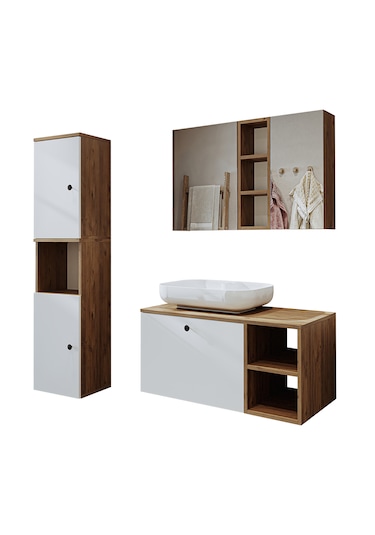 "lavabolu" Mdf 95 Cm Çekmeceli Lotus Oval Lavabolu Banyo Dolabı Atlantik Çam - Beyaz