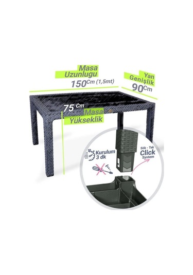 Bambu Siyah 90x150 Cm Camsız Rattan Bahçe Balkon Masa Takımı Siyah