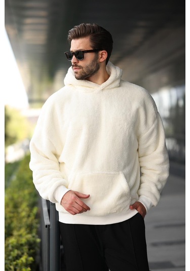 Ekru Peluş Kapüşonlu Erkek Sweatshirt 6050 Ekru