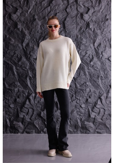 Bisiklet Yaka Oversize Basic Triko Kazak Bej