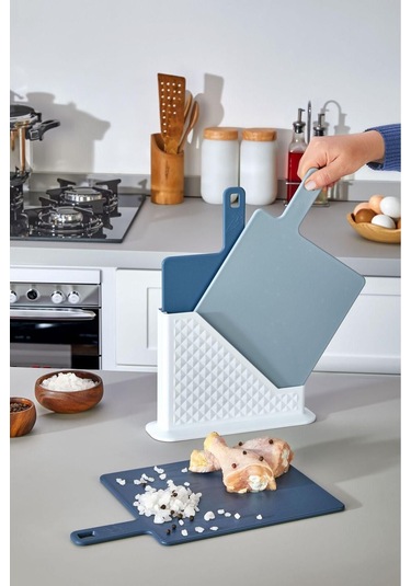 4 Parça Standlı Kesim Tahtası Seti - Ekmek/ Et/ Sebze Kesme Tahtası - Küçük - Mavi Mavi