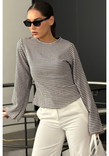 Madmext Siyah Kare Desenli Belden Oturtmalı Bluz Mg2849