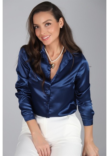 Sweetness Kadın Lacivert Saten Gömlek Lacivert