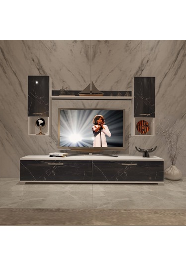 Decoraktiv Eko 5da Mdf Std Tv Ünitesi Tv Sehpası Beyaz - Siyah Mermer
