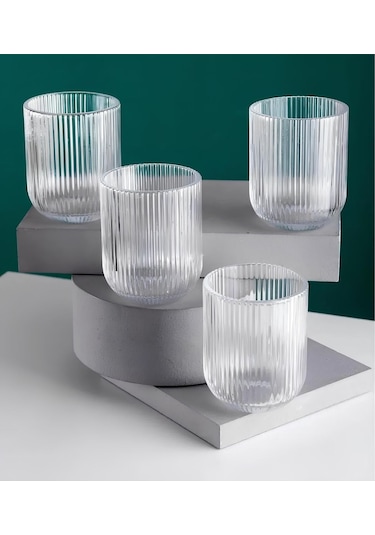 Lucca Minimalist Çizgili Şeffaf 4'lü Cam Su Meşrubat Bardağı - 280 Ml
