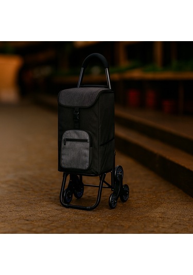 Sessiz 3 Tekerlekli Pazar Arabası Su Geçirmez, Fermuarlı Çantalı Siyah