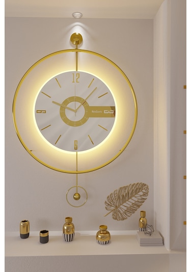 MetaQuartz Aksesuar Büyük Boy 50 x 75 CM Gold Elit Three (Pilli Led Sistemi) Modern Dekoratif Metal Duvar Saati Gold