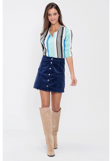 Kadın Mint Yakası Yırtmaçlı Krep Bluz Truvakar Kol Çizgili Ve Giy Çık - Tesettüre Uygun Siyah - Mavi