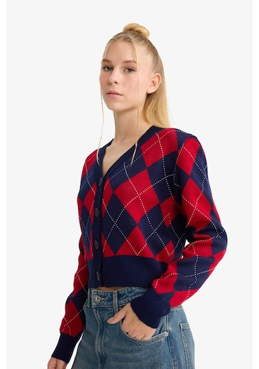 Defacto Coool Fitted V Yaka Baklava Desenli Düğmeli Hırka F9566ax25wnnv241 Lacivert