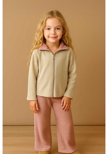 Kız Çocuk Rib Kumaş Fermuarlı Üst & Geniş Paça Alt Takım Bej / Gül Kurusu 1411 Karışık