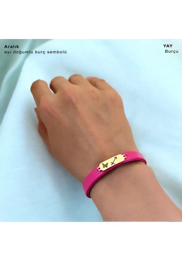 Archin Aralık Ayı Doğumlarına Pembe Derili Kelebek Figürlü 14 Ayar Altın Plakalı Hediye Bileklik-651ay Aralık