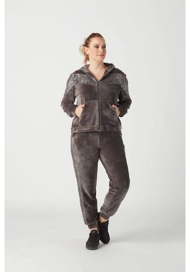 1927 Gri Tam Kalıp Tarz Kapüşonlu Kadife Büyük Beden Eşofman Takımı Gri