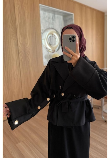Kahijab Gold Düğme Kolları Kaşe Trençkot - Siyah