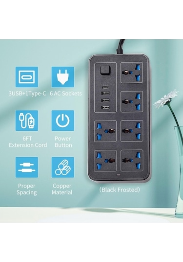 Novahub Siyah 6 Ac Soketli Güç Şeridi Ve 3 Usb 1 Tip C Bağlantı Noktası 6ft Uzatma Kablosu Ev İçin Aşırı Gerilim Koruyucu Us Plug 1.8 M