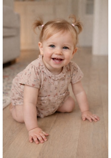 Babyhola Kız Bebek Kısa Müslin Tulum  Pamuk Çiçek Baskılı 12049 Bej