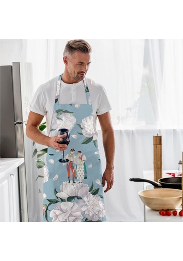 Blue-white Rose Mutfak Önlüğü Beyaz Güllü, Keten Kumaş, Uluslararası Yıkama Ve Solmama Sertifikası Çok Renkli