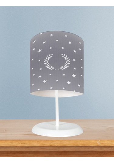 Mekta Home Bebek Ve Çocuk Odası Çelenk Yıldız Desenli Çerçeveli Gri Abajur