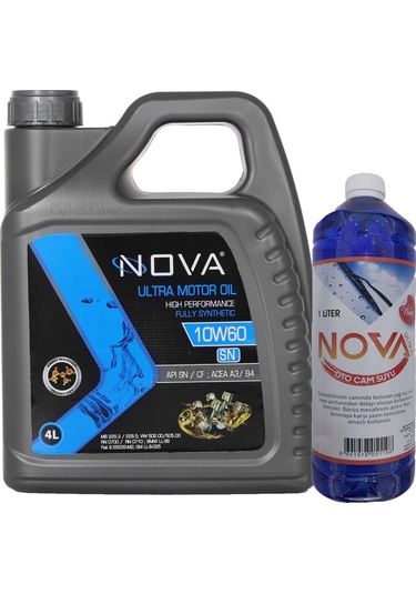 Nova 10W-60 Sn Tam Sentetik Motor Yağı 4 L + Cam Suyu 1 L