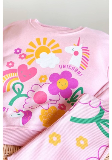 2-8 Unicorn Desenli İspanyol Taytlı Kız Çocuk Takım Pembe Pembe