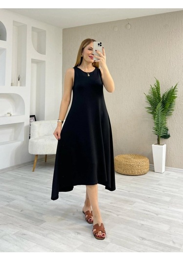 Kadın Askılı Yuvarlak Yakalı Asimetrik Kesim Detaylı Viskon Elbise Siyah