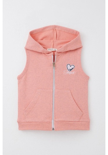 Breeze Kız Çocuk Yelek Kalp & Yazı Nakışlı Fermuarlı 3-8 Yaş, Somon Melanj Somon Melanj