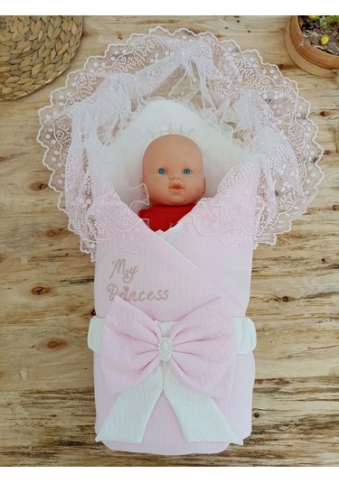 Bal Peteği My Princess Taç Nakış İnci Fiyonklu Dantel Duvaklı Delüks Kundak Bebek Battaniyesi Pembe