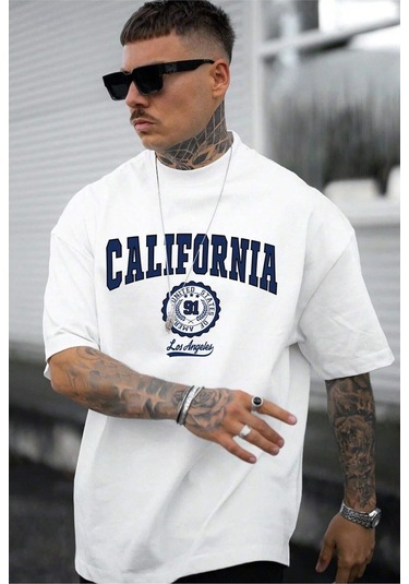 Hırsch Unisex Beyaz California Baskılı Oversize T-shirt BEYAZ