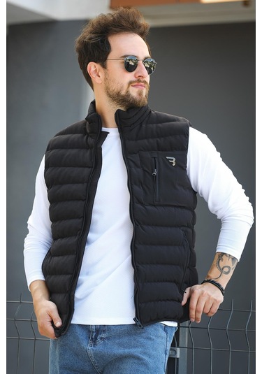 Doxfa Suya Dayanıklı Cepli Fermuar Detaylı Dik Yaka Erkek Şişme Yelek Siyah