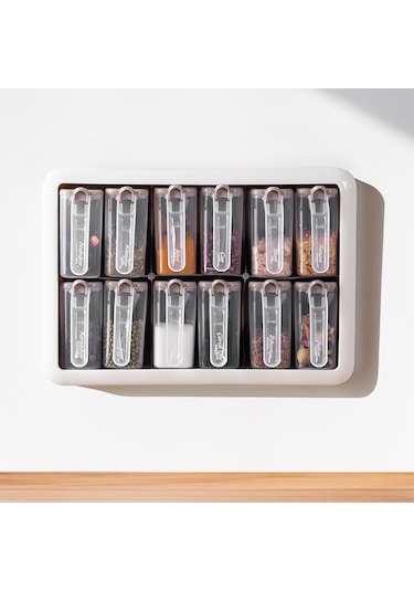 Porsima Simple 1167 Random 12'li Standlı Kendinden Yapışkanlı Kaşıklı Kapaklı Baharatlık Saklama Kabı Seti - Cappuccino Beyaz Cappuccino - Beyaz
