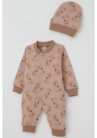 Breeze Erkek Bebek Tulum Sevimli Köpekçik Desenli 0-6 Ay, Açık Kahverengi Açık Kahverengi