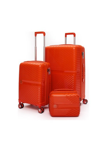Elatae Exclusive Pro Polipropilen Kırılmaz 3'lü Valiz Seti Büyük - Kabin Boy Ve Makyaj Çantası Turuncu 5239