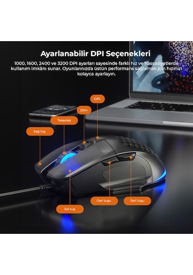 Lecoo MS107 Kablolu 3200DPI 7 Tuşlu RGB Gaming Optik Mouse