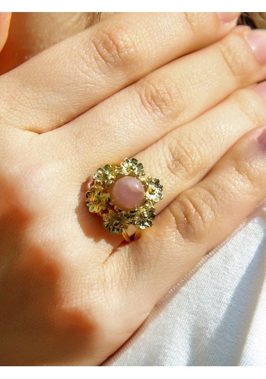 Esha Store Doğal Taş Pembe Kuvars Doğal Taşlı Çiçek Model Telkari Kadın Ayarlanabilir Altın Kaplama Yüzük Euy61 Pembe