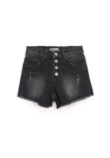 Cep Ve Düğme Detaylı Siyah Renk Kız Çocuk Eskitme Paça Kot Şort 001-0002056 Siyah