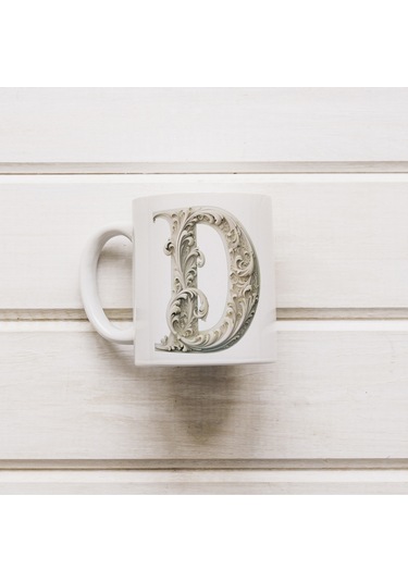 D Harfi Bardak, Monogram 330 Ml Barok Oymalı Görünüm Beyaz