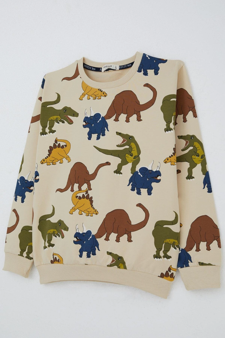 Breeze Erkek Çocuk Eşofman Takım Dinozorlar Alemi Desenli 4-8 Yaş, Bej Bej