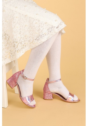 Kiko Kids 768 Ayna Çam Günlük Kız Çocuk 3 Cm Topuklu Sandalet Ayakkabı Pudra