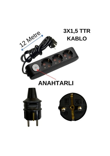 Avarson 3'lü Üçlü Priz Topraklı Anahtarlı Kablolu Siyah 3x1,5 Ttr 12 On İki Metre