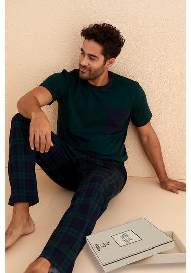 Kutulu- Premium Pamuklu Kısa Kollu Erkek Pijama Takımı- Ekose Babalar Günü Hediyesi Yesil