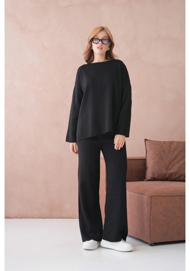 Kadın Bisiklet Yaka Düşük Kol Kazak Pantolon İkili Triko Takım Siyah