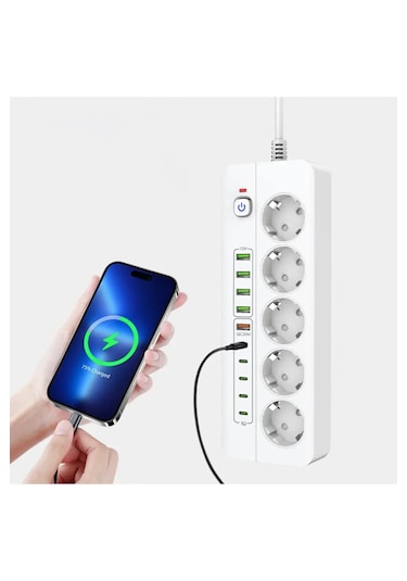 Isıya Dayanıklı Power Tuşlu 5'li Grup Priz 5x Usb 5x Type-c Çıkışlı Priz 2 Mt Kablolu 0