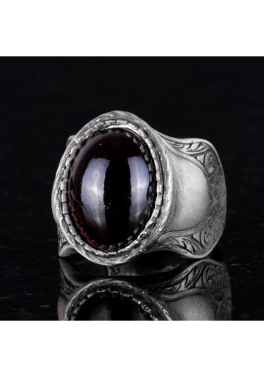 Doğal Taş Yüzük, 925 Ayar Gümüş Yüzük, Cabochon Garnet Gümüş