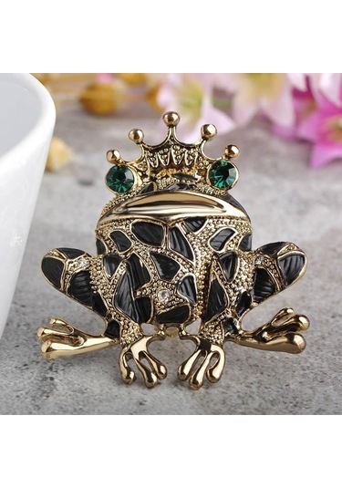 Blucome Canlı Kurbağa Taç Broş Kadın Erkek Çocuklar Emaye Sapo Broş Elbise Dekorasyon Kristaller Broş Başörtüsü Eşarp Aksesuarları Siyah