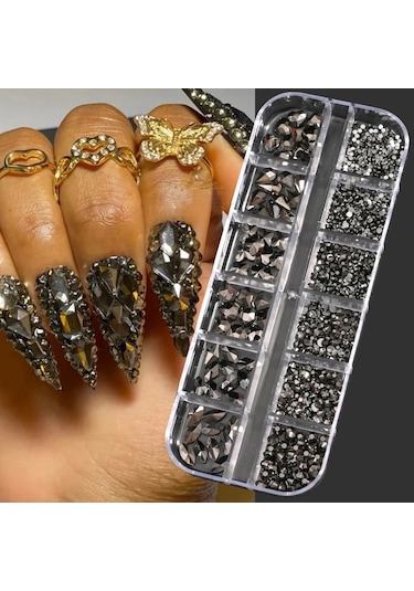 1200pc + Safir Mavi Nail Art Rhinestones 12grid Çok Şekiller Kristal Taşlar Tırnak Takılar Flatback Yuvarlak Boncuk Cam Elmas Taş Gökyüzü Mavi
