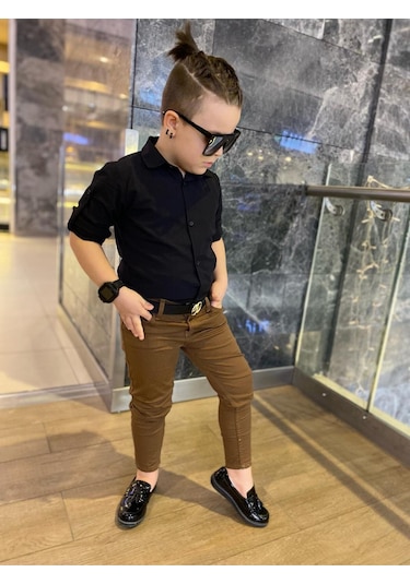 Modavals Erkek Çocuk 3 Parça Gabardin Pantolon & Gömlek & Kemer Kombin-siyah-745236981 Taba