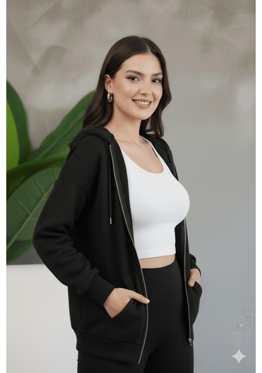 Kadın Genç Unisex Cepli Kapüşonlu Fermuarlı Sweatshirt Hırka Siyah