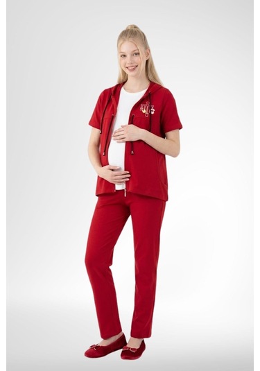 Mecit Pijama Mecit 6400 Kırmızı 3'lü Hamile Lohusa Pijama Takımı