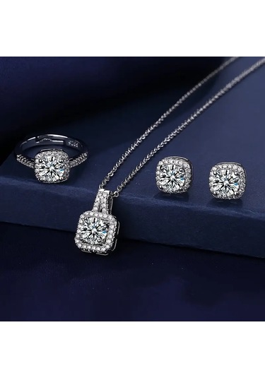 Baget Taşlı, Zirkon Taş İşlemeli Kalp Takı Seti Kolye Küpe, Yüzük , Yeni Yıl Gümüş