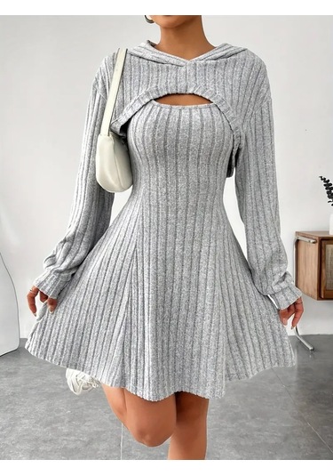 Kadın Uzun Kollu Kapüşonlu Ceket Üst Ve Askısız Kare Yaka A Kesim Şardonlu Kaşkorse Elbise Gri